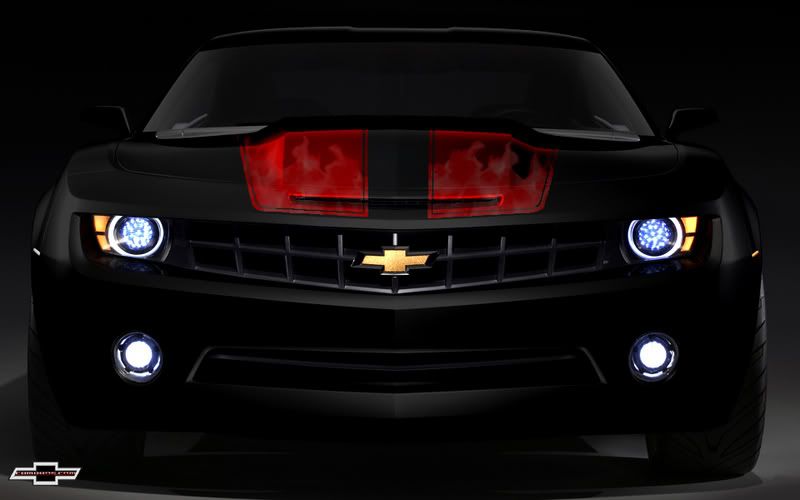 a black camaro with dark red racing stripes and inside the stripes do a